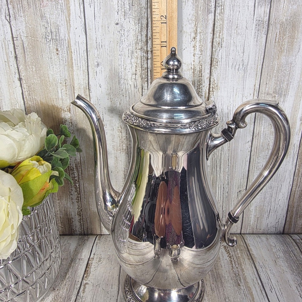 Vintage Silver Plated Coffee Pot Sugar Bowl and Creamer Set Floral Trim 3 Piece - Picture 5 of 16